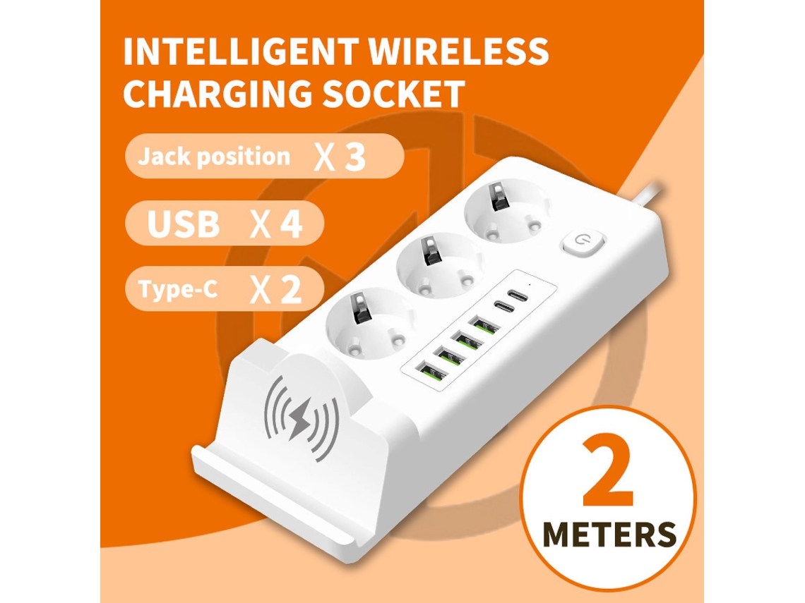 Cable Alargador De 3000 W Con 3 Tomas De Corriente, Bloqueo Infantil, 4 Puertos Usb, 2 Puertos Usb-c, 2 M De Longitud, Carga Inalámbrica, Digitallab Blanco
