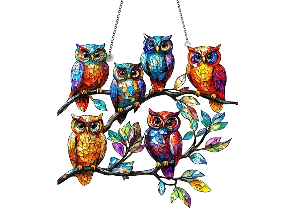 Adorno de ventana: Búho y colibrí, 20 cm