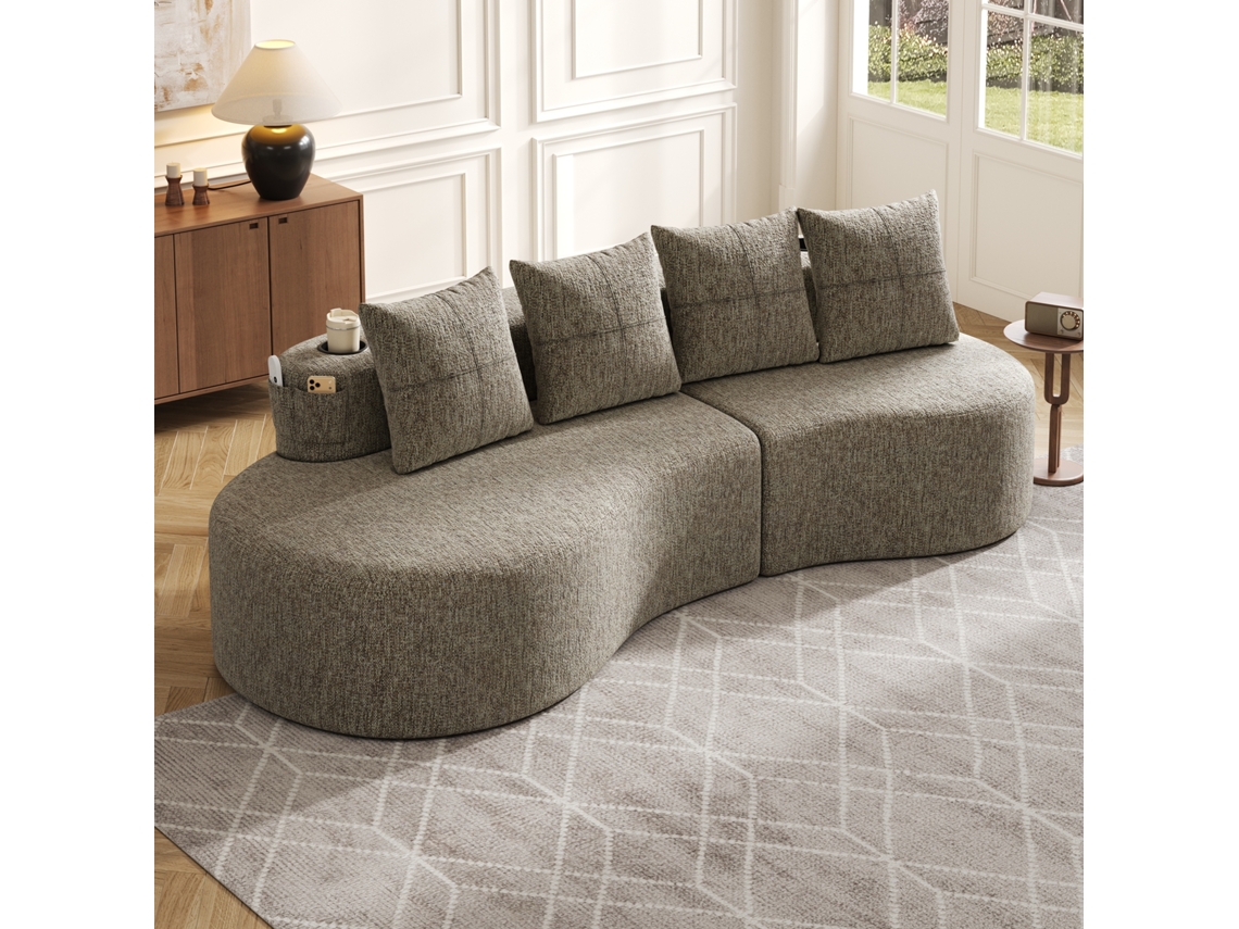 Sofá De Lino 4 Plazas - Cojines, Espuma Alta Densidad, Porta Vasos Y Bolsillo Lateral - Caqui
