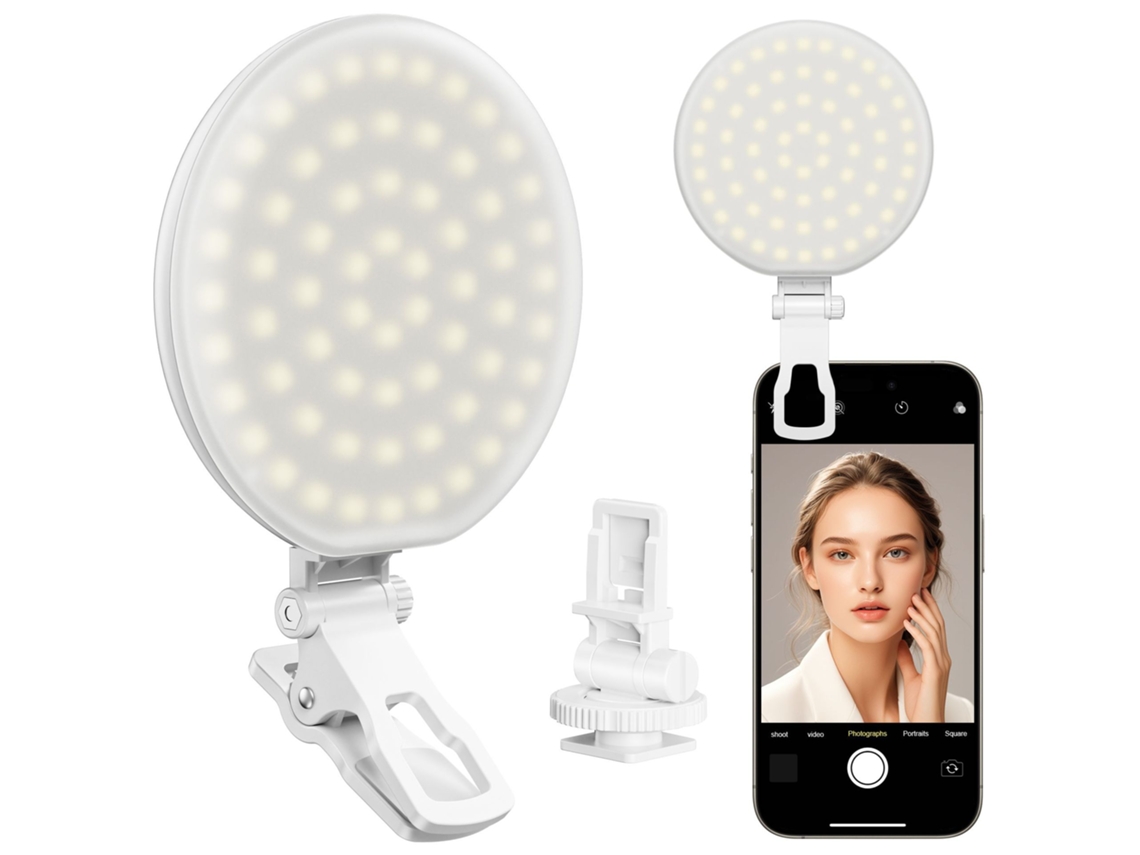 Cámara selfie recargable Eifson con 60 LED, clip frontal y trasero, 2500/6500k, 3 modos ajustables, CRI97 (blanca)