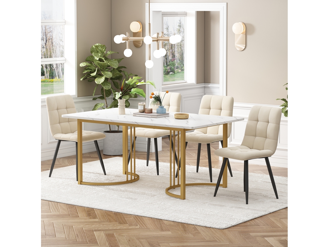 Mesa de 140 cm con 4 sillas en terciopelo beige y dorado.