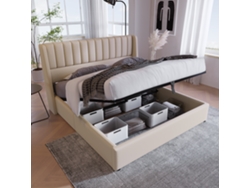 Cama Doble De Lino Beige, 160x200 Cm, Con Sistema Hidráulico Y Somier De Láminas.