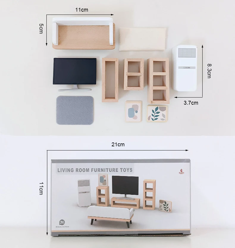 (Sala de estar) Juego de casita de juegos de madera, decorado con muebles de imitación.