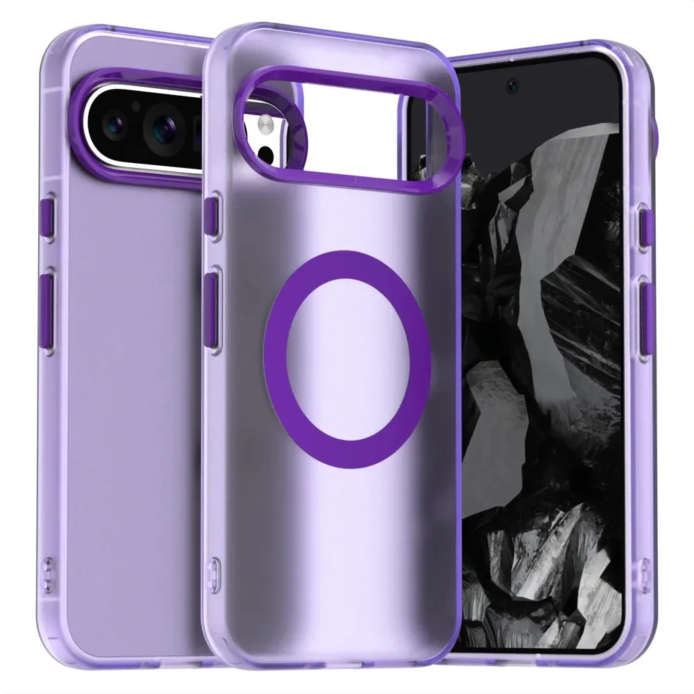 (morado, Google Pixel 9 Pro) Funda Transparente Con Acabado Esmerilado De Cristal, Resistente A Los Golpes, Con Carga Inalámbrica Magnética.
