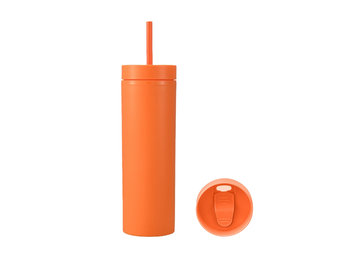 Botella De Agua Deportiva De Plástico Opaco De Doble Capa De 460 Ml Con Tapa De Pajita Naranja Para Actividades Deportivas Al Aire Libre.