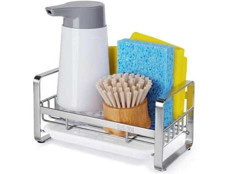 Estante de esponja para fregadero de cocina, organizador de caja dispensadora de jabón de cocina de acero inoxidable con bandeja de drenaje extraíb...
