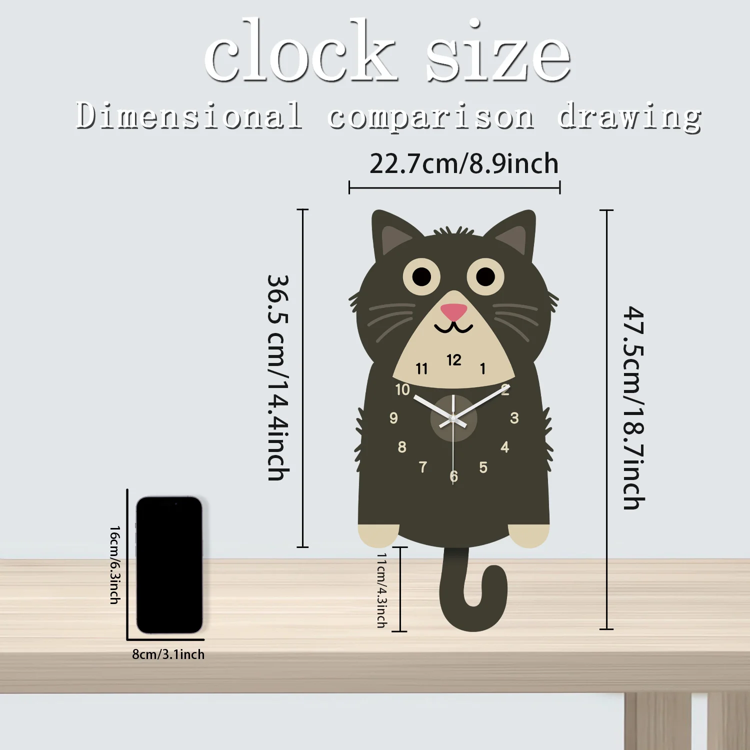 Reloj De Pared Grande Con Diseño De Gato Gris Y Negro De Madera Con Dibujos Animados Modernos (18,7 Pulgadas)