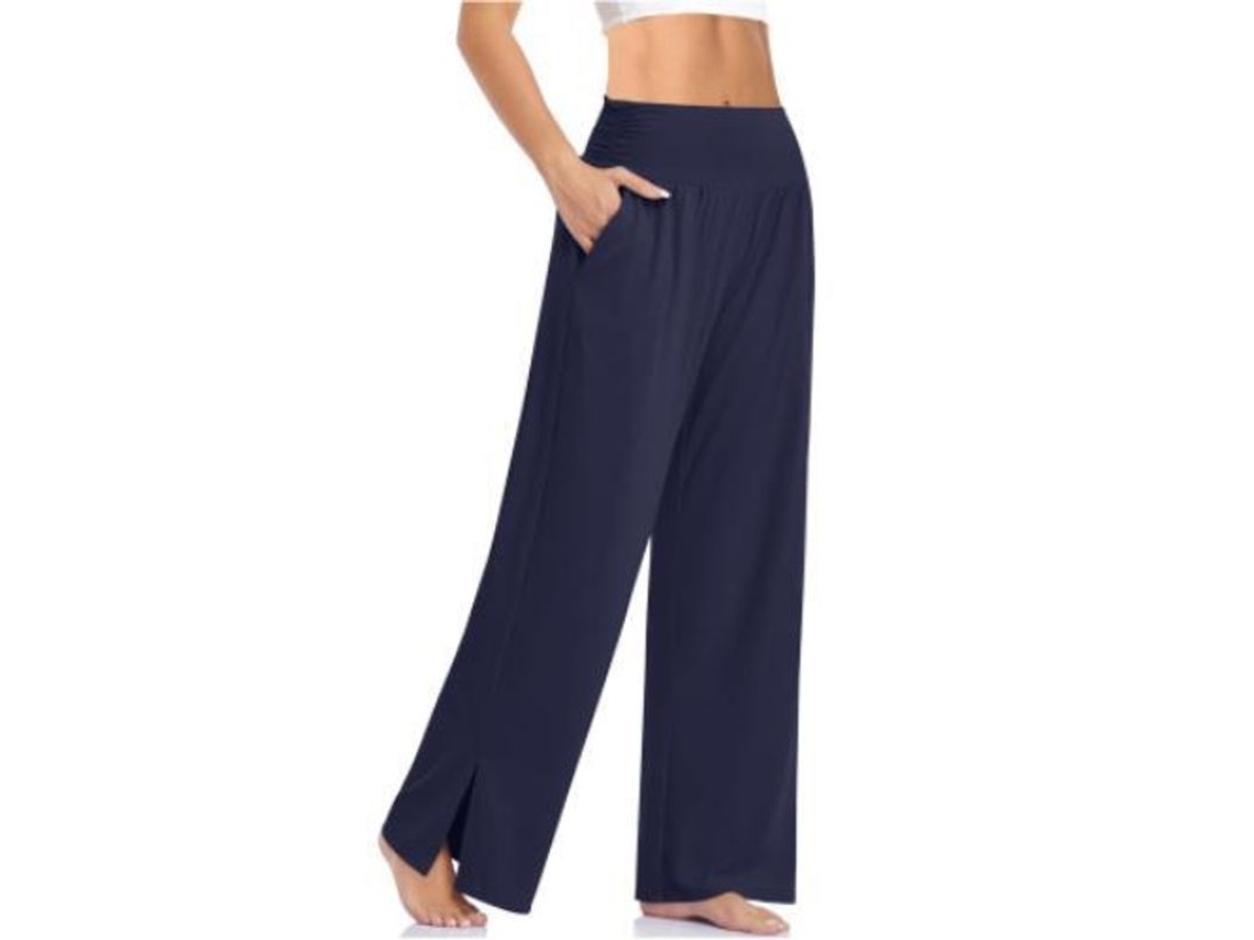 2026-pantalones De Yoga De Pierna Ancha Para Mujer De Cintura Alta Con Bolsillos Y Nudo Ajustable S Armada