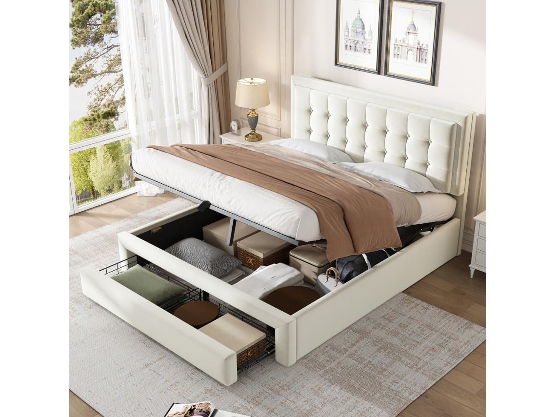 Cama Contenedor Acolchada 140x200cm En Terciopelo - Con Cajón Y Somier - Beige (sin Colchón)