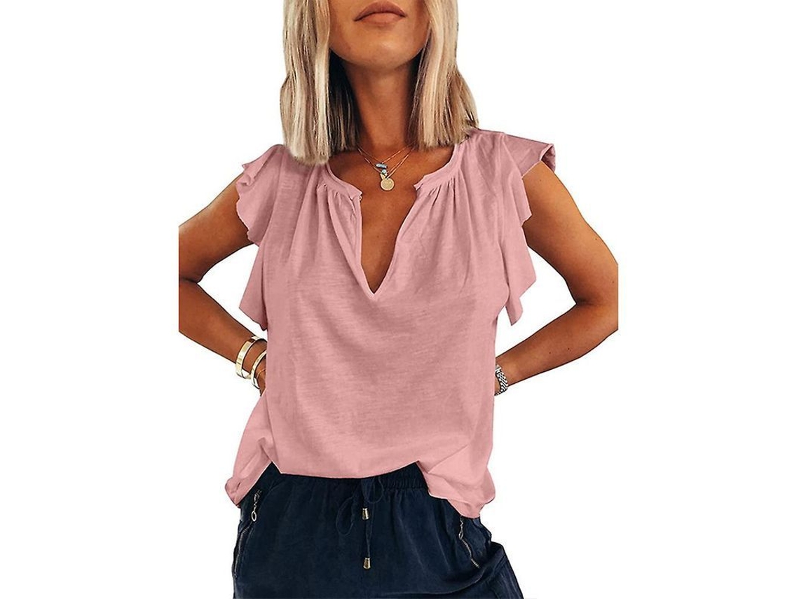 2026-top Sin Mangas De Cuello En V Con Volantes Para Mujeres Verano Suelto Manga Corta 100% Poliéster Talla M-3xl