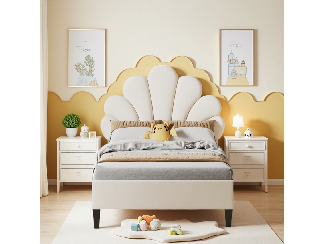 Cama Infantil De 90 X 200 Cm, Cama Individual, Cama Para Niña, Cabecero Con Cabecero Floral Y Altura Regulable, Cama Tapizada, Terciopelo.