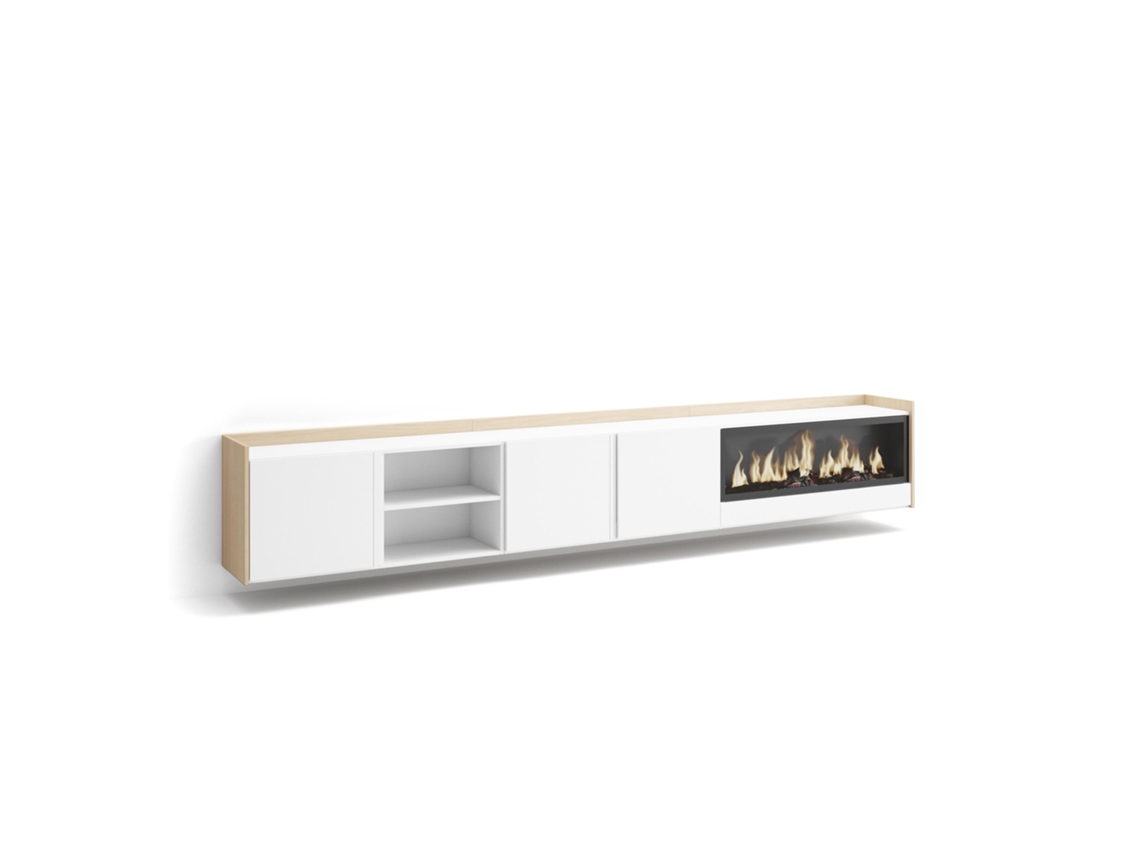 Mueble Tv, Televisión, 315x35x50cm, Para Tv Hasta 80", Chimenea Eléctrica Xxl, Colgado, Suspendido, Blanco Y Roble Soft