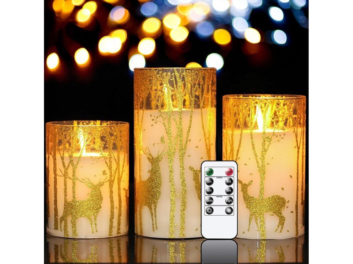 Velas Sin Llama Con Temporizador Y Control Remoto, Paquete De 3 Con Ciervo Dorado, Decoración Navideña clase A+