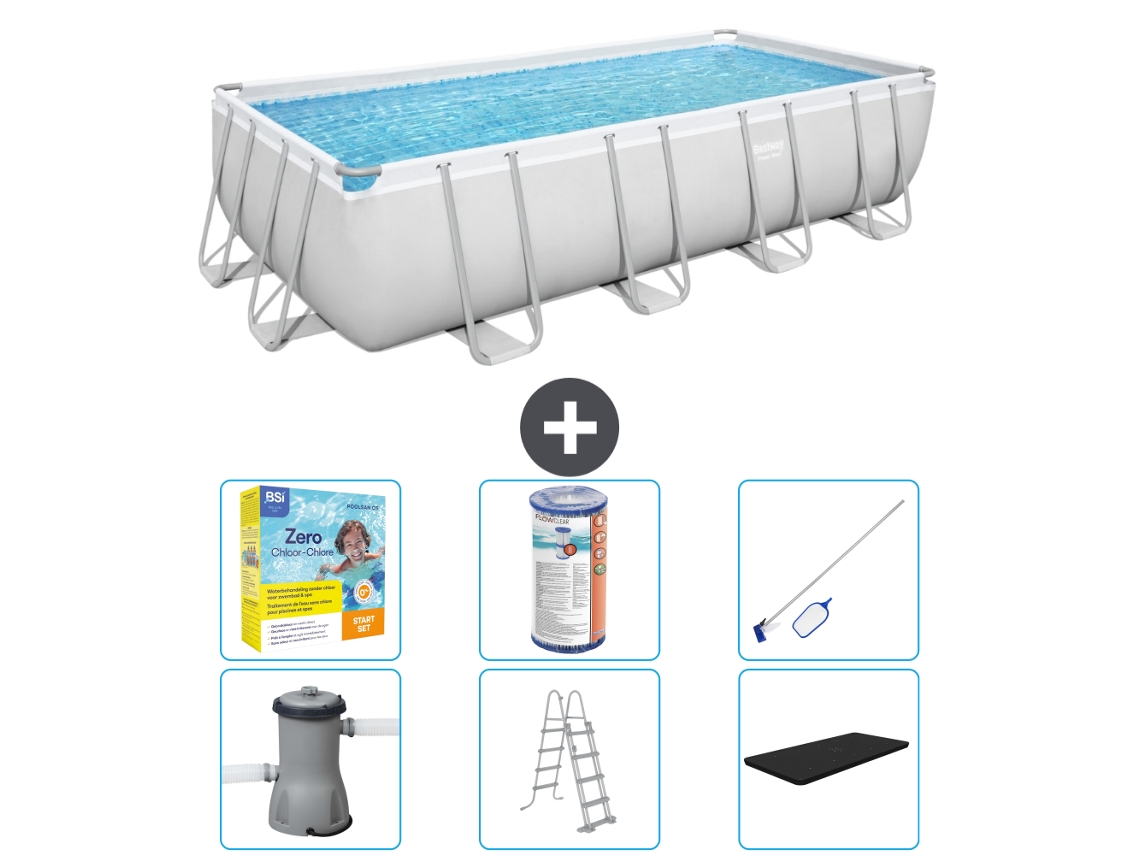 Piscina BESTWAY rectangular Power Steel - 488 x 244 x 122 - gris con bomba incluida - escalera - cubierta Accesorios CB36