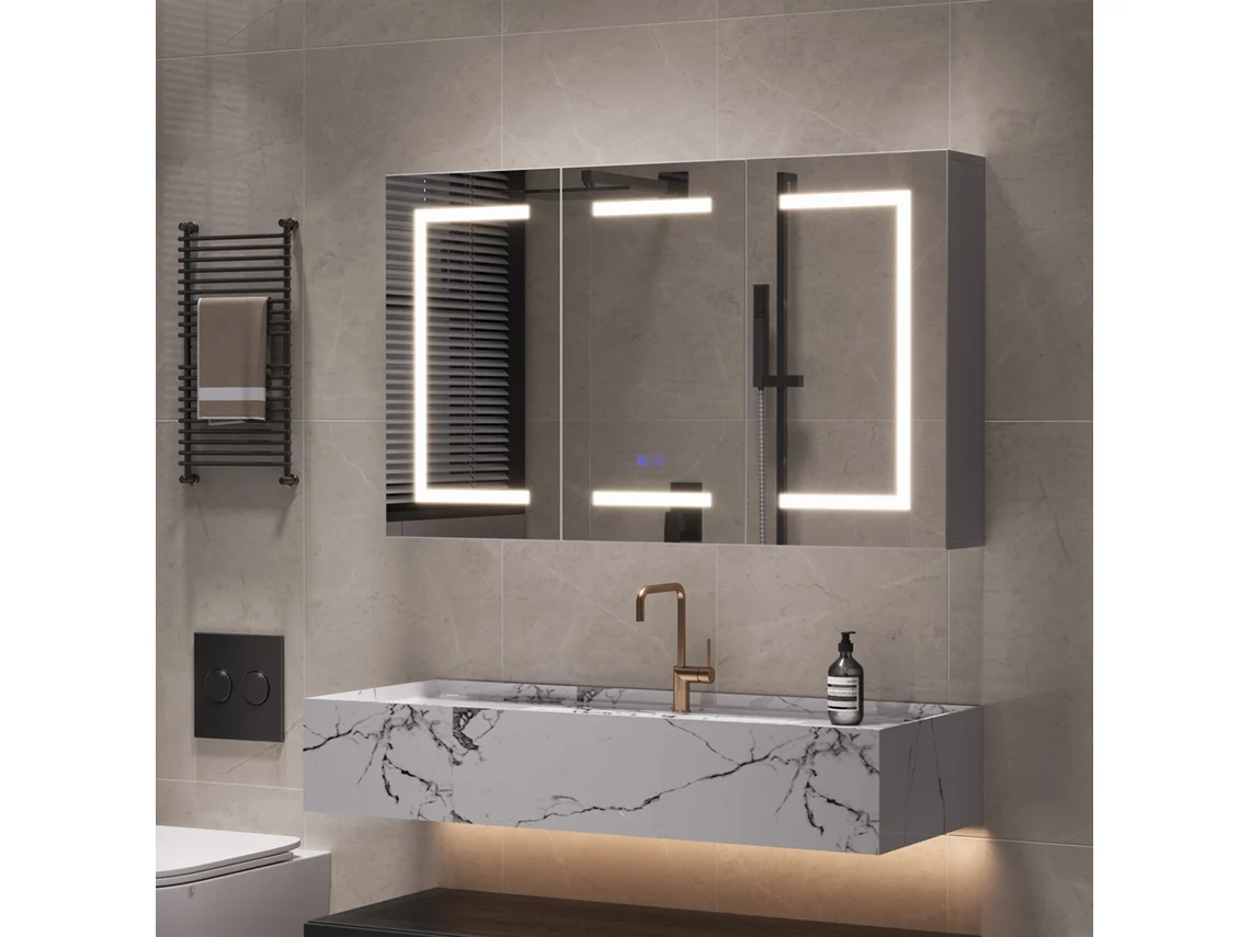 Armario Espejo Baño 3 Puertas Led 3 Colores Antivaho Con Enchufe Europeo, Estantes Ajustables, Diseño Moderno