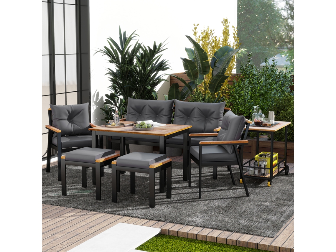 Set Comedor Exterior 6-7 Plazas Mesa Con Sillas Y Carrito Extraíble, Cojines Lavables - Negro/gris