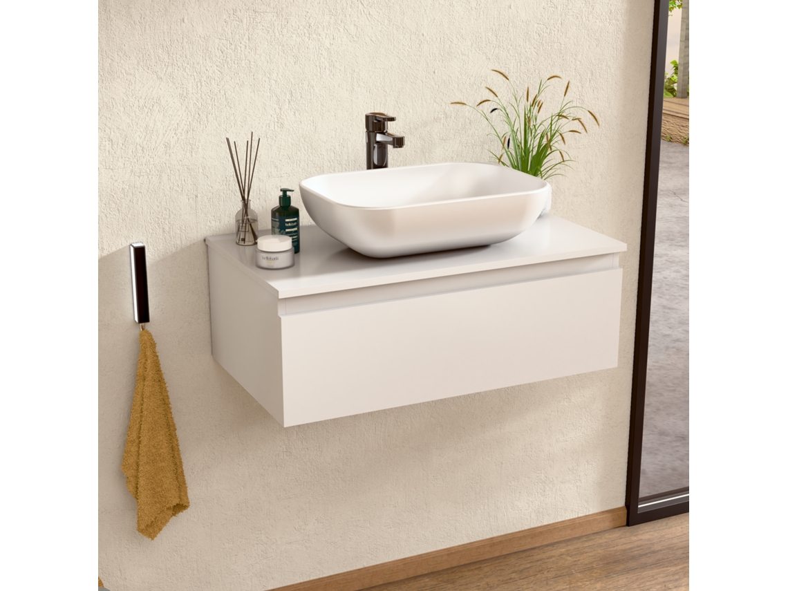 Mueble de baño suspendido con lavabo de cerámica, mueble de baño con 1 cajón, 100 x 27 x 46 cm, Bellobath Mueble de baño blanco
