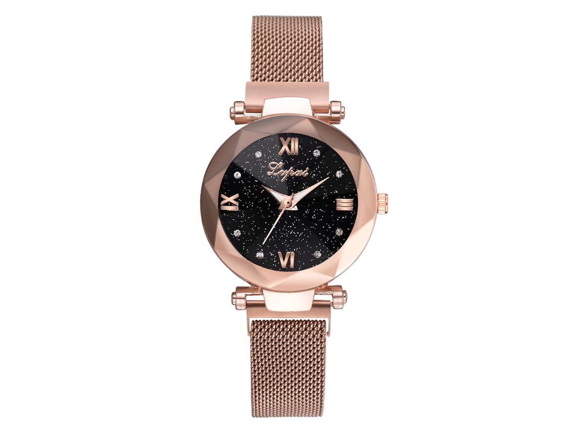 Reloj De Pulsera De Cuarzo Para Mujer Con Brazalete De Aleación De Oro Rosa Y Diseño De Cielo Estrellado.