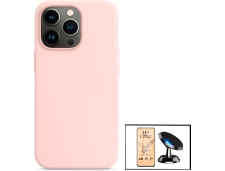 Kit Cristal Templado CeramicGlass Full Cover, Funda Silicona Liquida y Soporte Magnético de Coche Apple iPhone 13 Pro PHONECARE Rosa