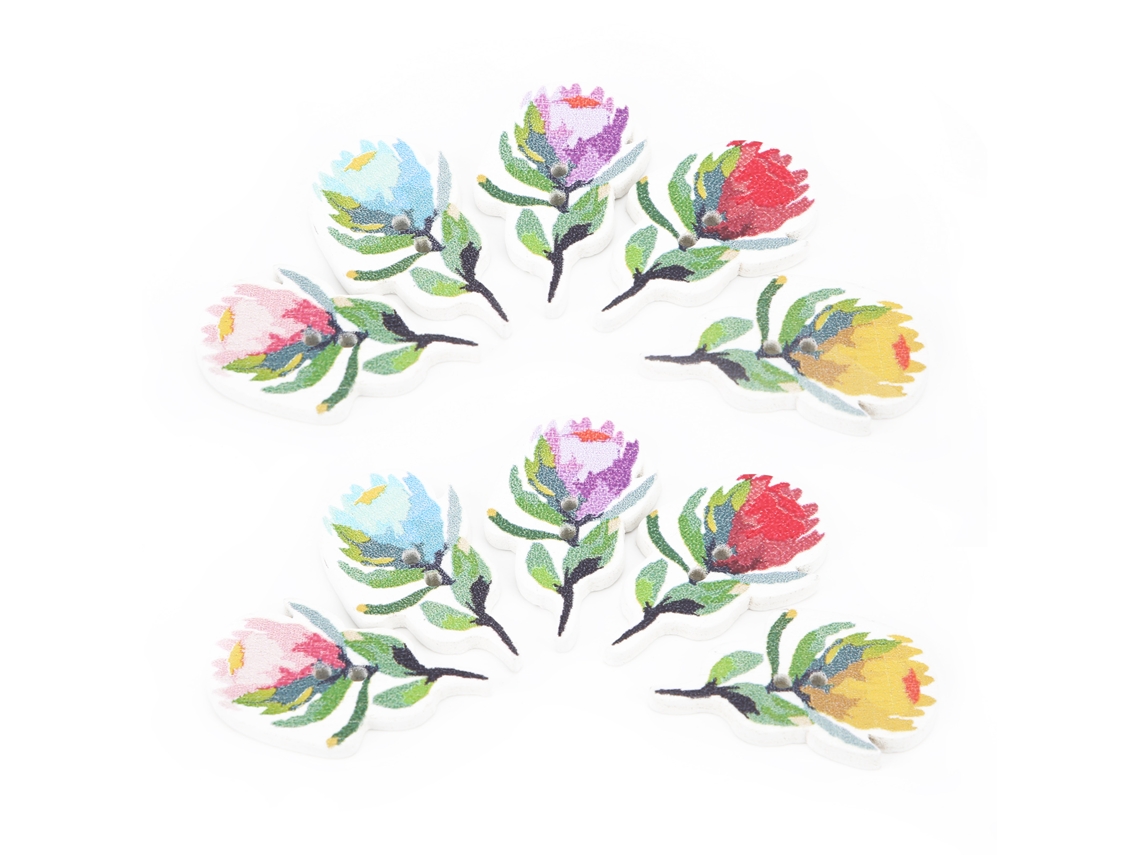 200 botones decorativos de madera con estampado floral variado y 2 agujeros para coser.