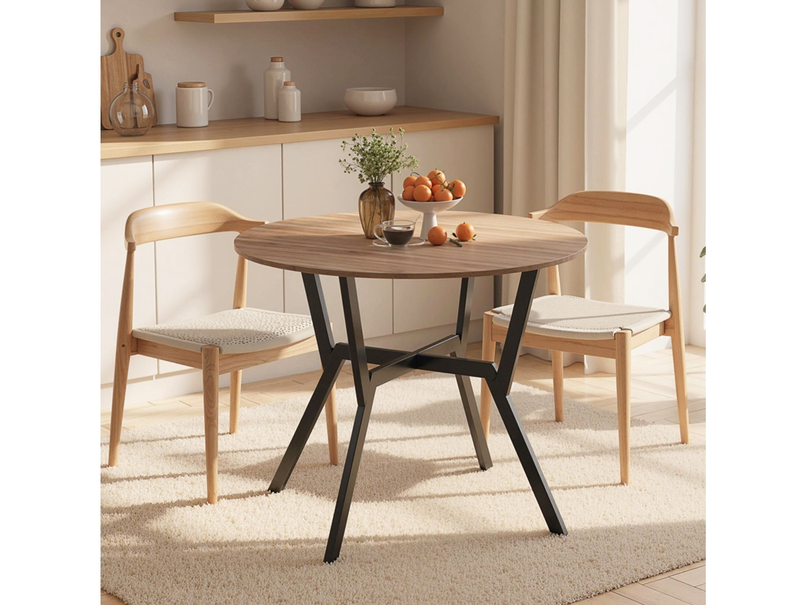 Mesa de comedor redonda de estilo industrial con tablero de madera y estructura de acero, Ø90x76 cm, color marrón.