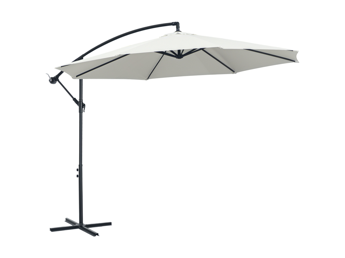 Sombrilla excéntrica de Ø295 cm con base cruzada y manivela de inclinación, color crema, de acero.