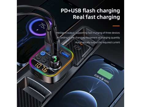 Transmisor FM inalámbrico Bluetooth Reproductor de MP3 para coche 3.1A Usb Tipo-C Cargador Rápido CZ-MP3-32 Negro PETHUEL