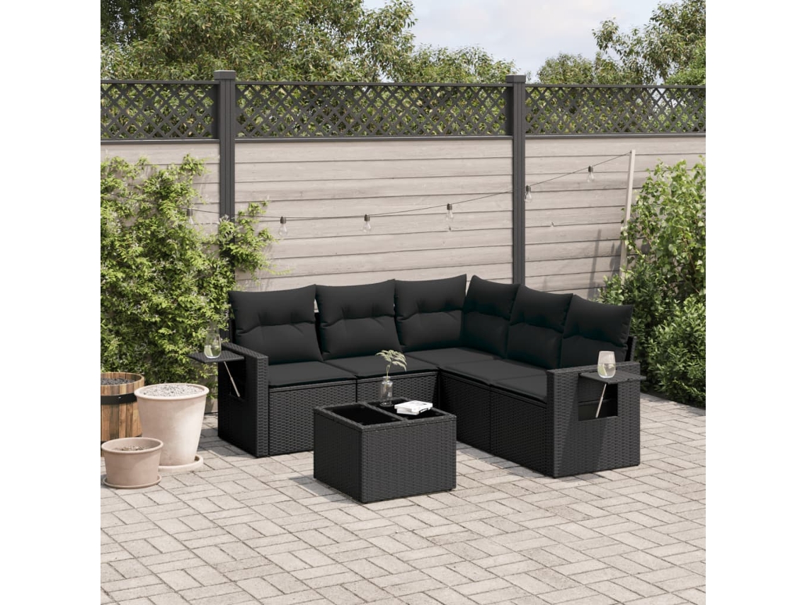 Conjunto de sofá de jardín de 6 piezas con cojines, mimbre sintético negro, DKD Home Decor