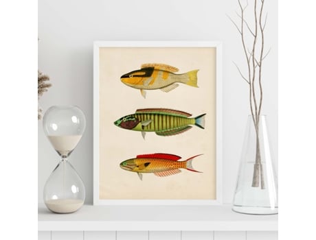 Póster NACNIC de Tres Peces Amarillo, Negro, Verde, Rojo, Azul y Naranja en , Fondo Papel Vintage.