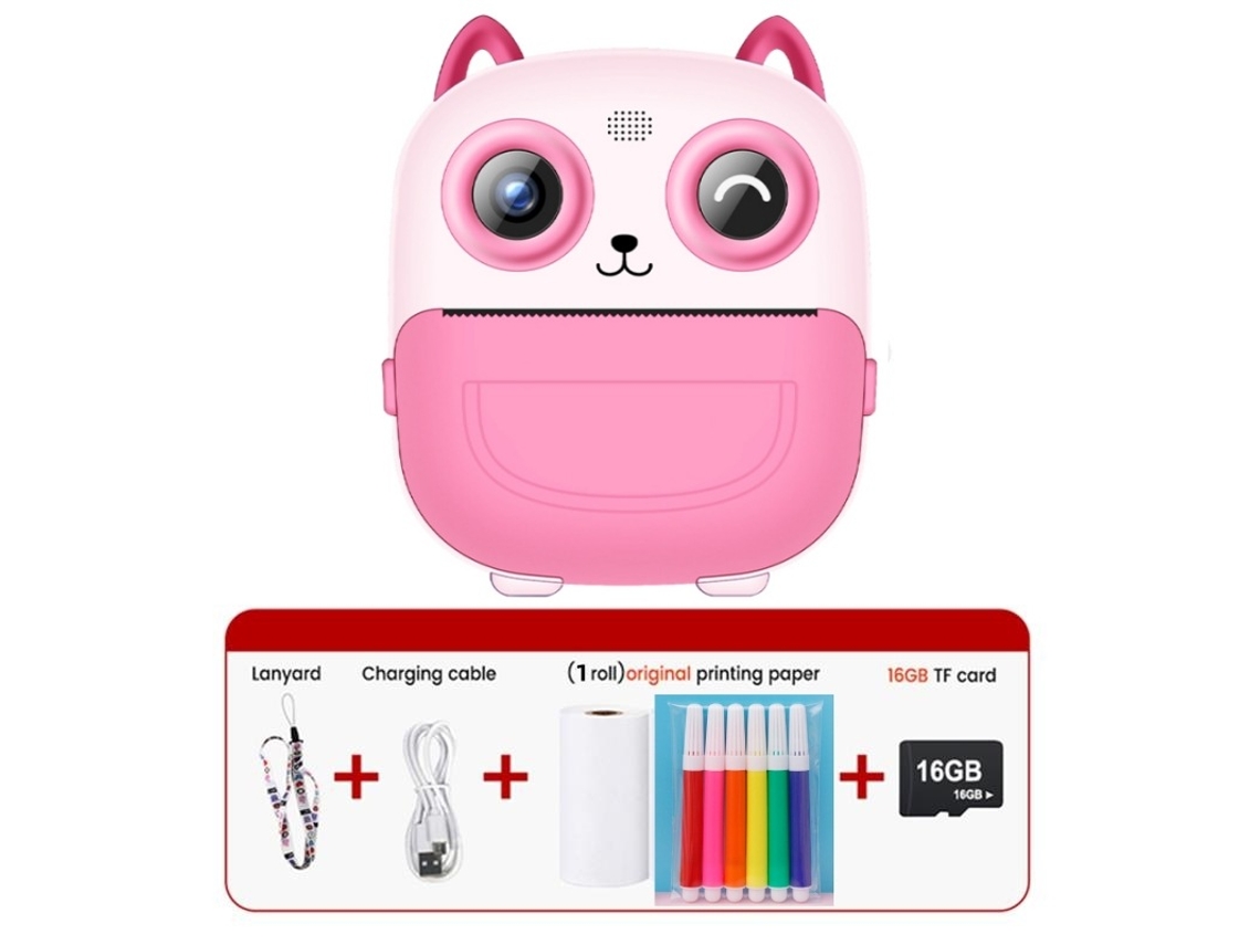 Cámara instantánea, mini cámara de impresión de alta definición 1080P para niños con tarjeta de memoria de 16 GB, color rosa Cuich