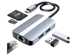 Adaptador multipuerto USB-C 5 en 1 con Ethernet, USB 3.0 RJ45 y lector de tarjetas SD/TF - Plataforma*