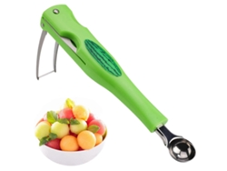 Juego de cortador de fruta multifuncional 3 en 1 con sacabolas para melón y cuchara.