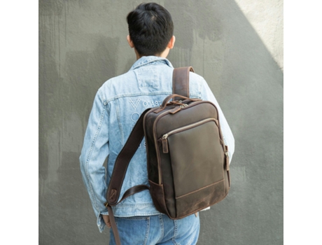 Mochila Mochila para computadora portátil de Cuero Genuino para Hombres Mochila de Viaje con múltiples Bolsillos Mochila de Negocios-5008 café