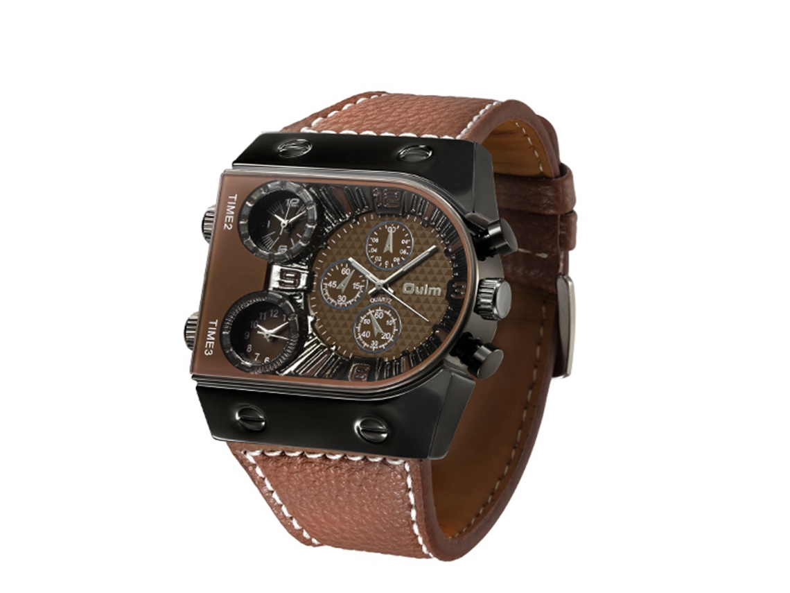 Reloj De Pulsera Hombre Oulm Sport Con Zonas Horarias Múltiples Quartz Impermeable Café