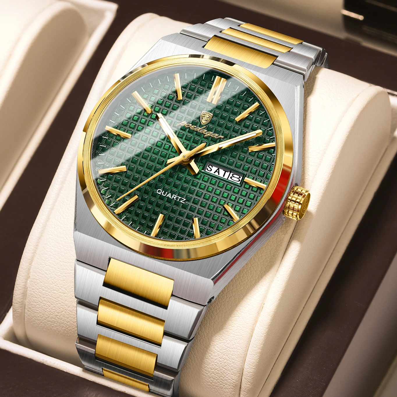 Reloj De Pulsera Informal De Cuarzo Para Hombre (caja Dorada, Esfera Verde), Con Indicador De Fecha Y Día, Resistente Al Agua Y Luminoso.