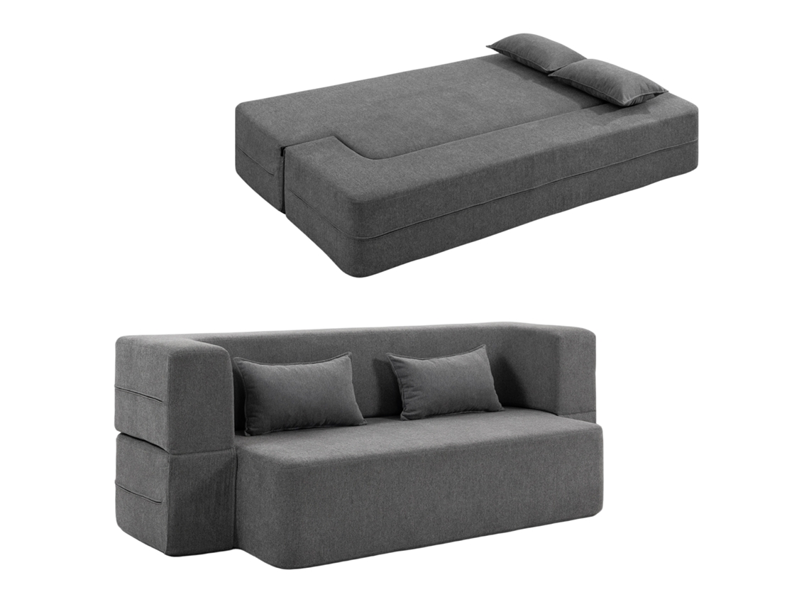 Sofá Cama Convertible De 2 Plazas En Tapicería De Chenilla, Asiento Y Reposabrazos Amplios, 2 Cojines, Totalmente Comprimido, Gris.