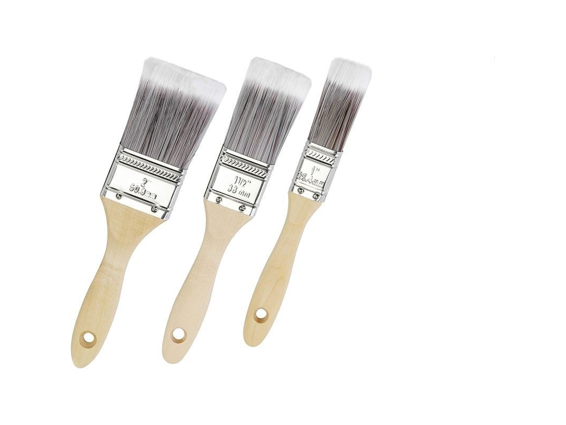 Juego de 3 pinceles planos con mangos de madera para pintura acrílica, barniz, paredes, muebles y murales.