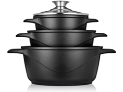 Batería De Cocina Inducción 6 Piezas Aluminio Fundido 3 Ollas Con Tapa De Cristal Antiadherente Briebe Mgk-18 Negro