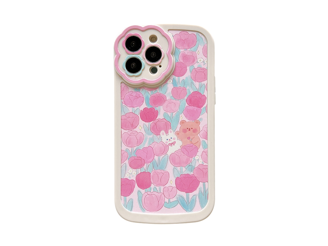 Capa De Celular Tpu Padrão Urso Flor Rosa Fundo Branco Com Buraco Para Cordão Para Iphone 13 Pro Max