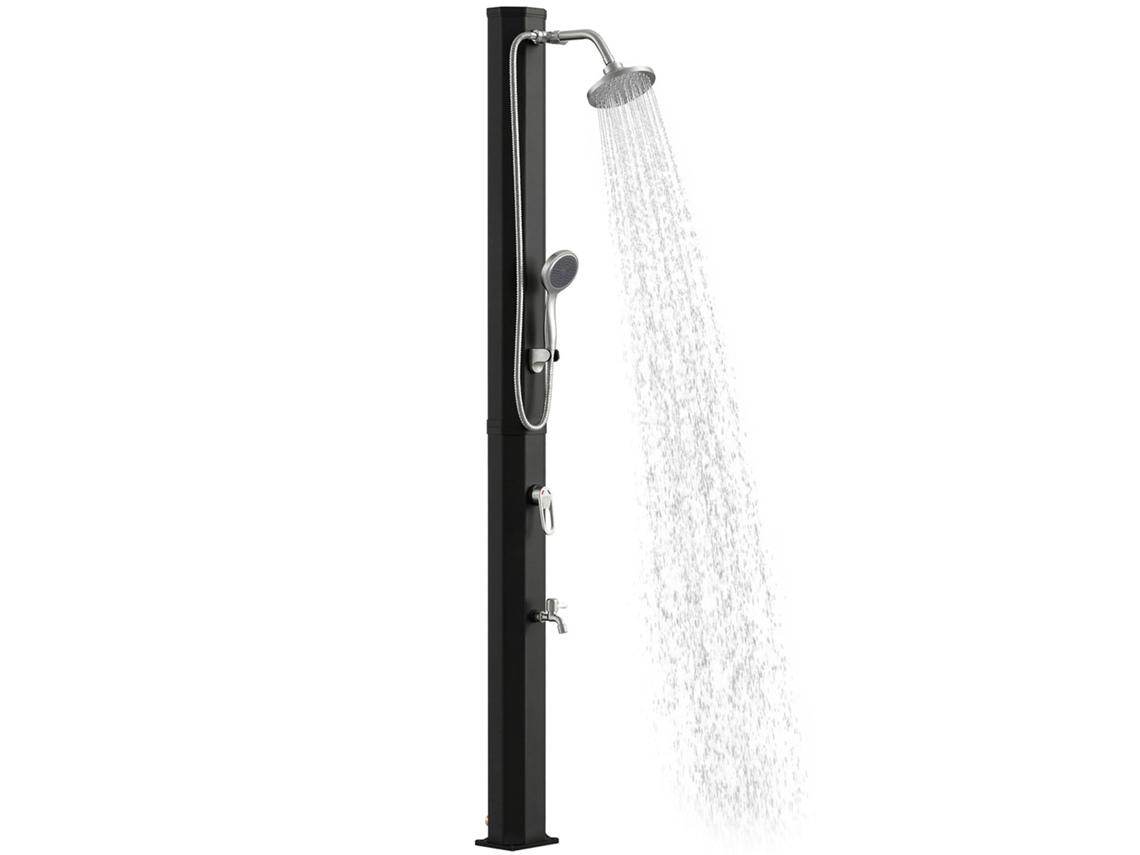 Ducha solar de jardín de 35 litros con grifo giratorio y protección antihielo.