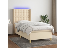 Cama Box Spring Colchón Y Luces Led Tela Crema 100x200 Cm