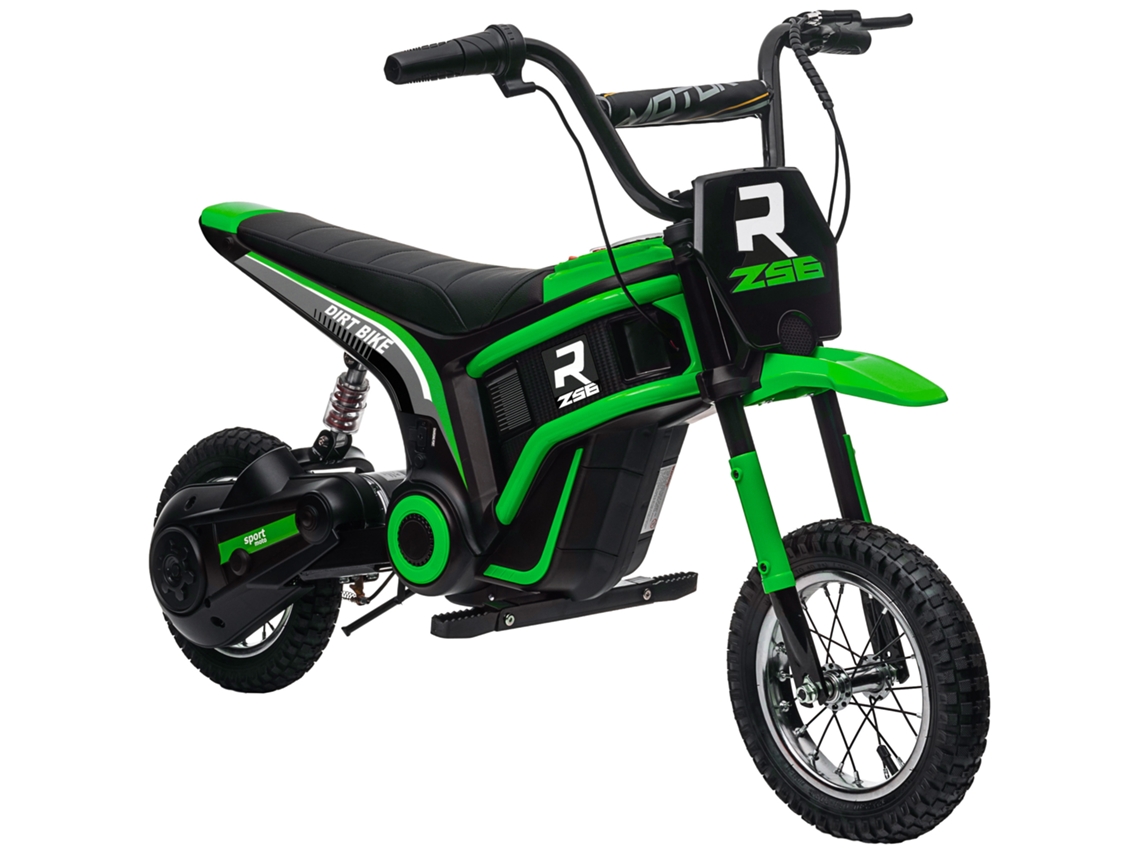 Bicicleta eléctrica de motocross para niños, motor de 350 W, batería de 12 V, velocidad de 8 a 16 km/h, neumáticos inflables de 12 pulgadas, color verde.