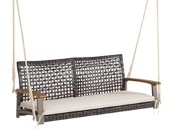 Banco Columpio de Exterior con 2 Asientos, Columpio de Ratán PE, Respaldo Curvado y Reposabrazos de Madera de Acacia, Carga 360 kg COSTWAY