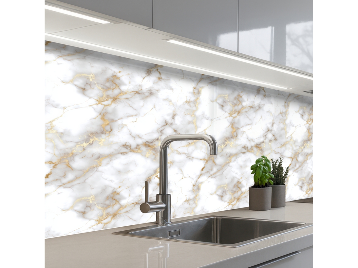 Salpicaderos De Cocina Vetas Doradas - Mármol - Blanco 150x60 Cm