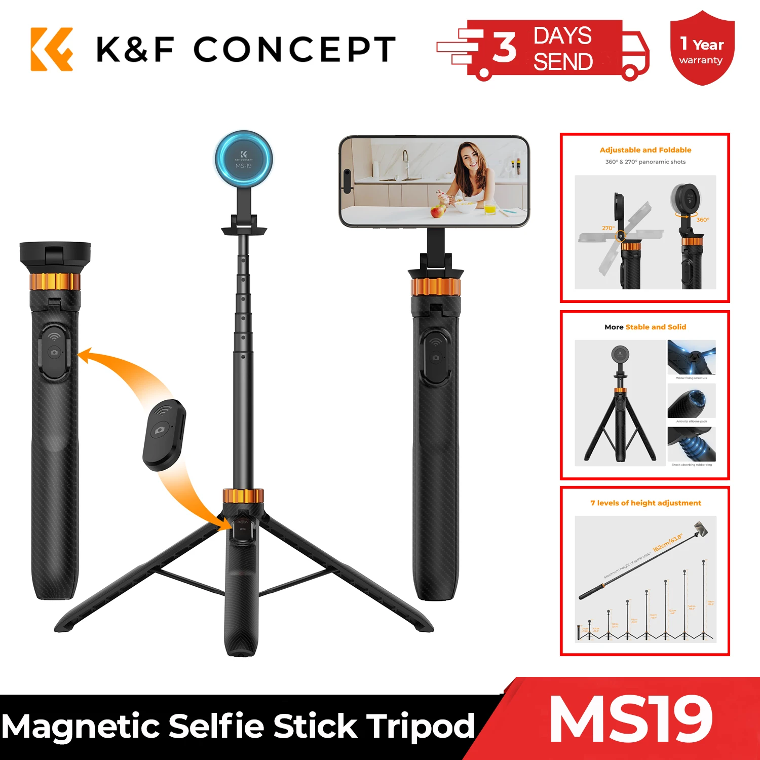 Trípode magnético para selfies de 160 cm (63 pulgadas), ligero para iPhone, soporte para teléfono celular con control remoto inalámbrico, para iPhone 16 Pro Max