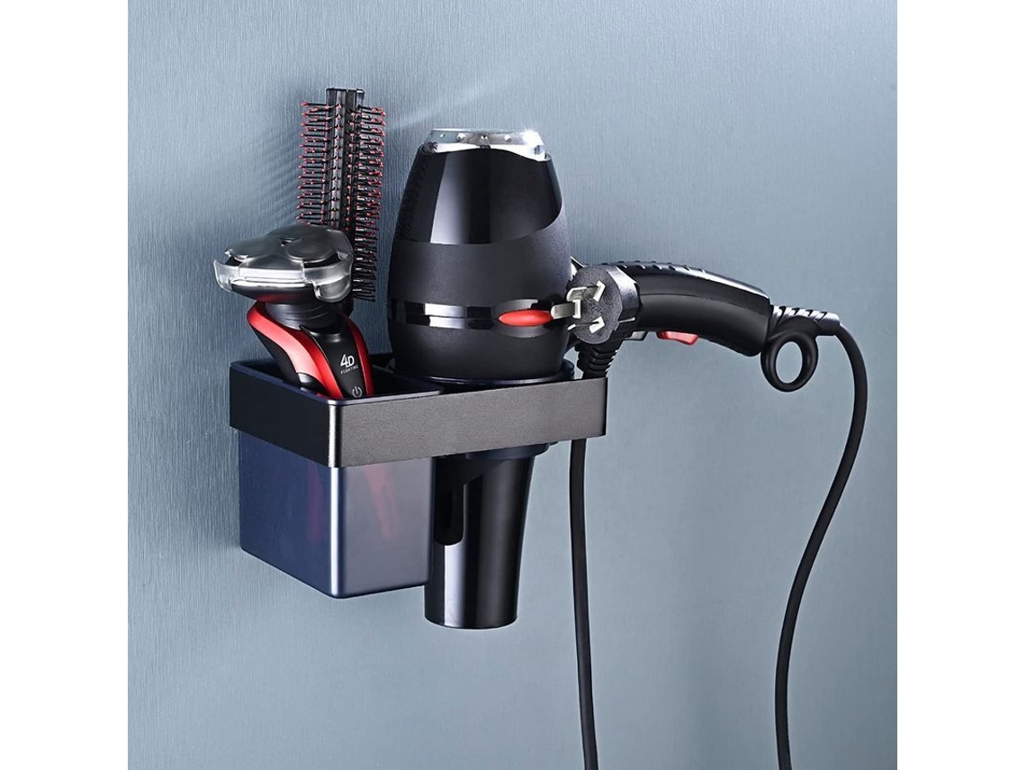 Soporte Autoadhesivo De Pared Para Secador De Pelo, Aluminio Con Almacenamiento De Abs Y Organizador De Cables, 15 X 10,5 X 9 Cm, Plateado.