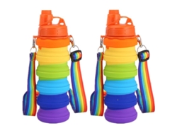 Botella de agua plegable de silicona con estampado de arcoíris, reutilizable y portátil, 500 ml, libre de BPA, ideal para viajes y deportes.