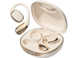 Auriculares de conducción ósea Bluetooth 5.4 con reducción de ruido inteligente mediante IA y calidad de sonido HiFi, color beige.
