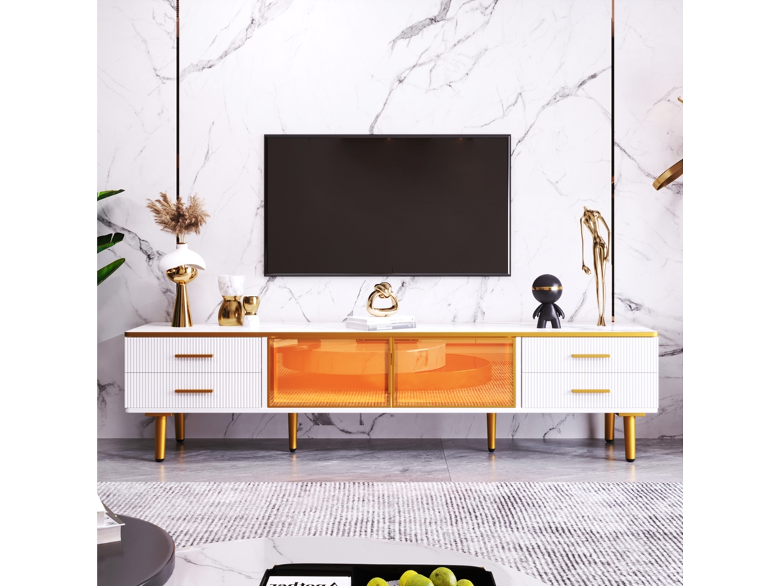 Conjunto De Mueble Para Tv Y Mesa De Centro Blanco Y Dorado, 170x37x47,5 Cm, Puertas De Vidrio Templado, Led, Cajones Ondulados