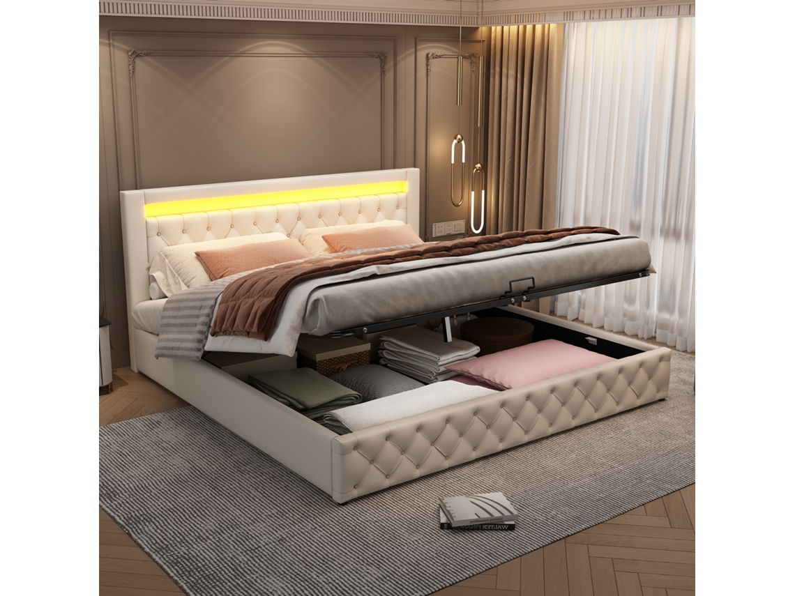 Cama 180x200 Cm, Almacenamiento, Led, Estructura Pu Blanca, Somier Incluido, Colchón No Incluido.
